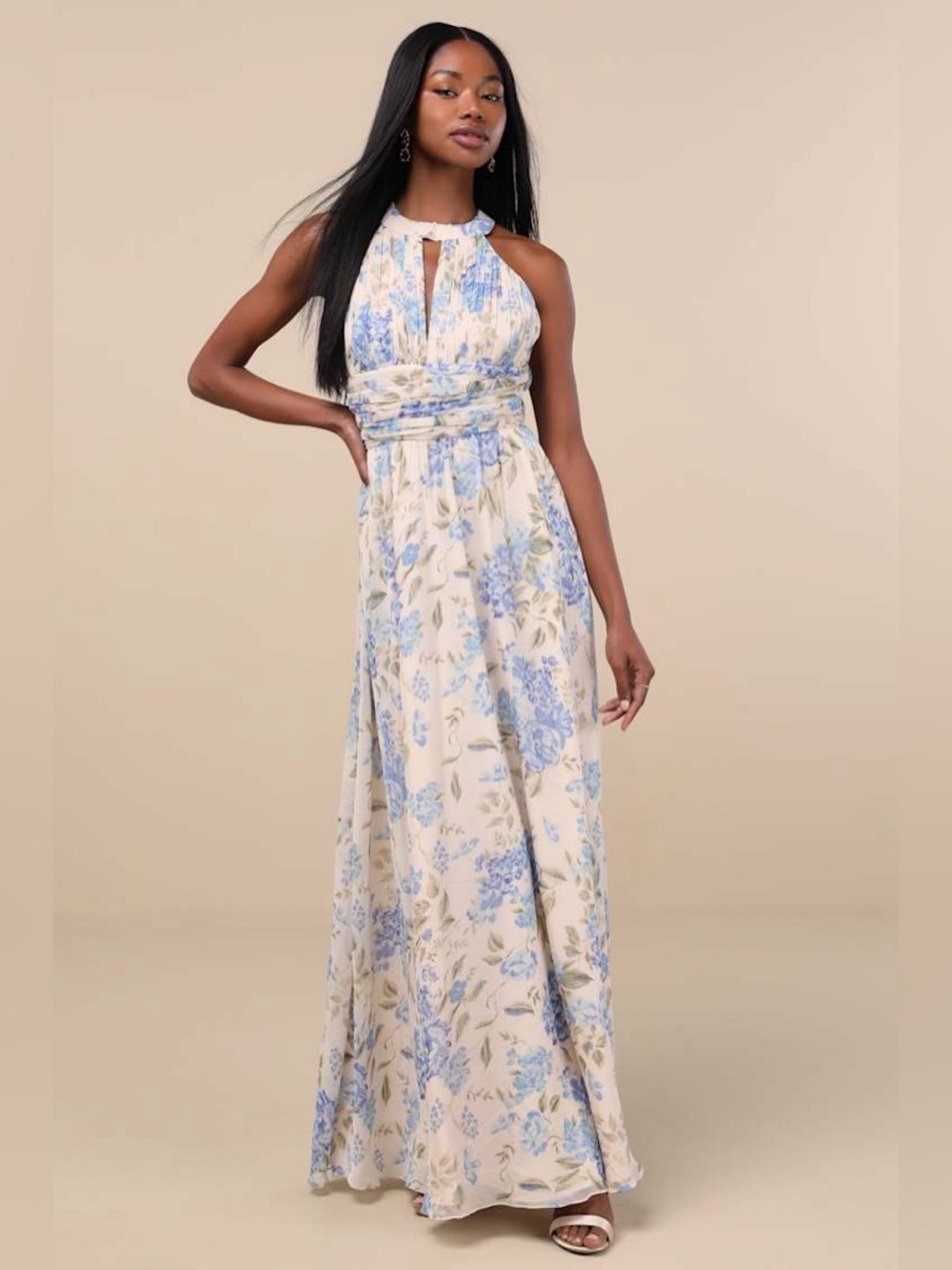 Lulus Sintra Beige and Blue Floral Pleated Backless Maxi Dress